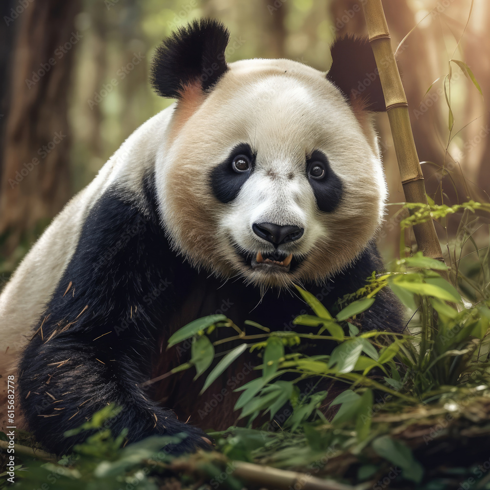 A Giant Panda (Ailuropoda melanoleuca) in the bamboo forest