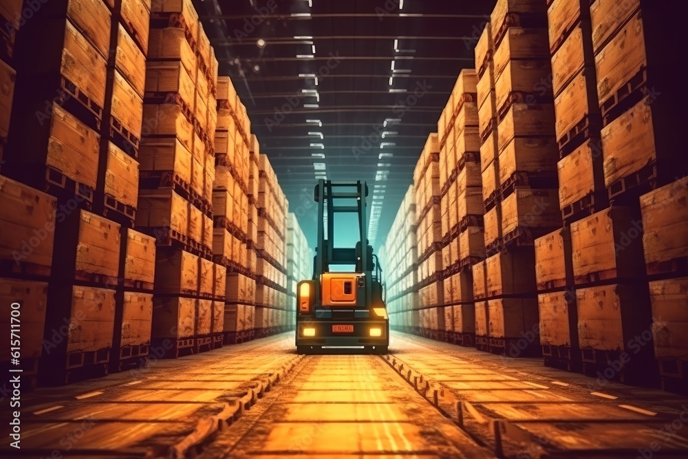 Modern forklift truck at large warehouse, Autoloader in a large modern warehouse.