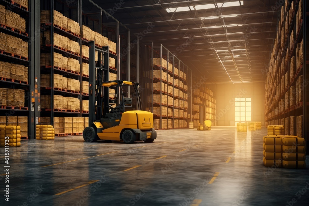 Modern forklift truck at large warehouse, Autoloader in a large modern warehouse.