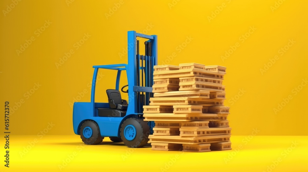 Toy forklift, Electric forklift loads, Rider stacker with boxes on pallet isolated on background.