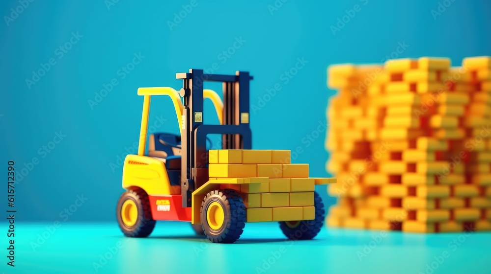 Toy forklift, Electric forklift loads, Rider stacker with boxes on pallet isolated on background.