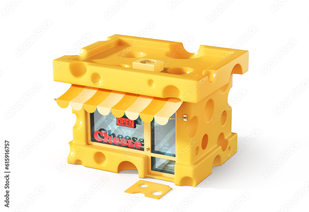 Cheese store. Shop in form of piece of cheese. 3d illustration