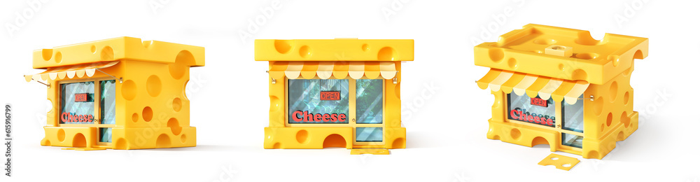 Cheese store. Shop in form of piece of cheese. 3d illustration