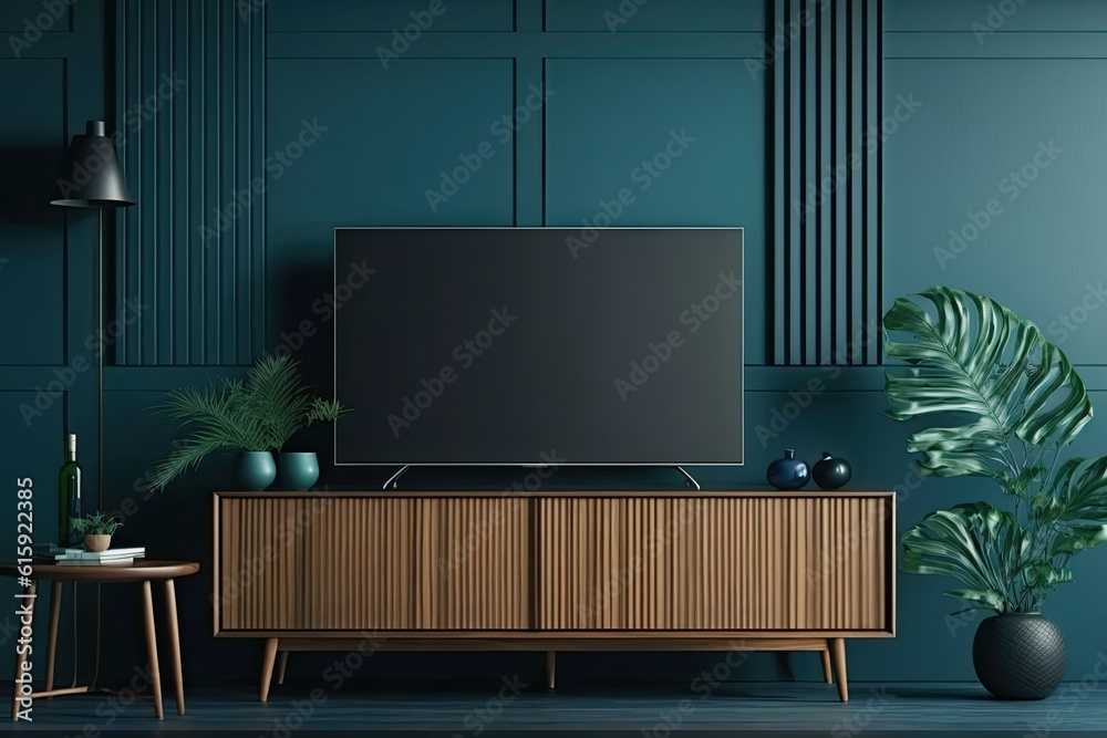 modern flat screen TV on a wooden cabinet in a living room setting. Generative AI