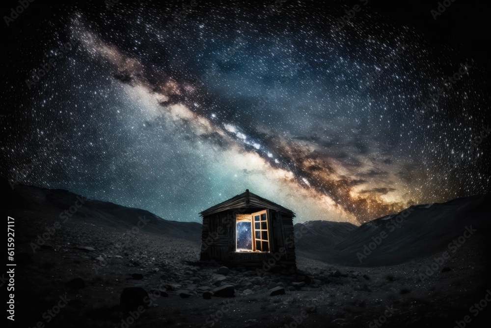 cozy cabin nestled in a mountain under a starry night sky. Generative AI