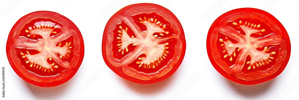 Set of round tomatos slices. Fresh Red Tomato isolated on white background. Generative Ai