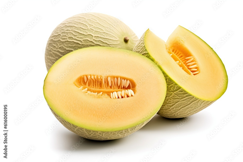 Sweet melon and sliced Sweet melon isolated on white background. Generative Ai