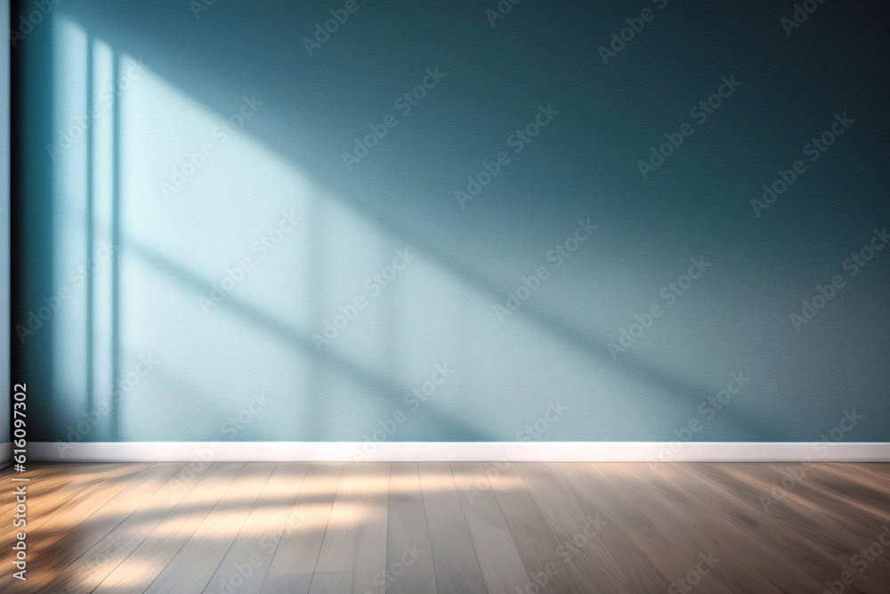 Blue turquoise empty wall and wooden floor with interesting with glare from the window. Interior bac