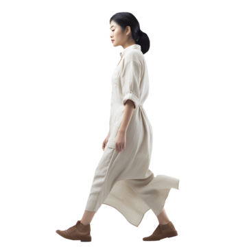亚洲女子/女孩身着舒适服装行走。全身孤立于透明背景。
