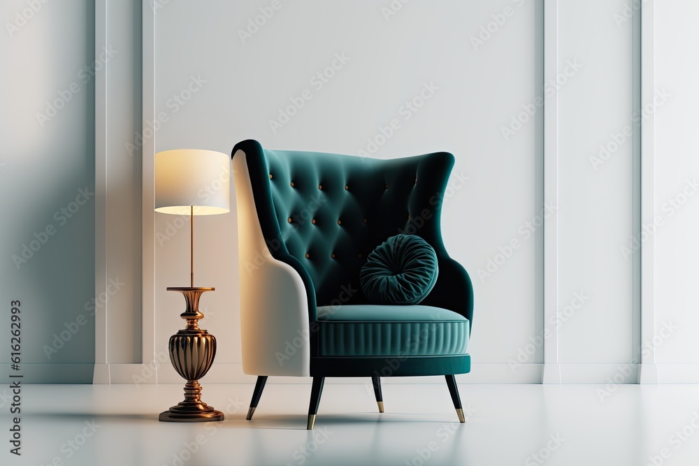 luxurious green velvet chair paired with a glamorous gold lamp. Generative AI