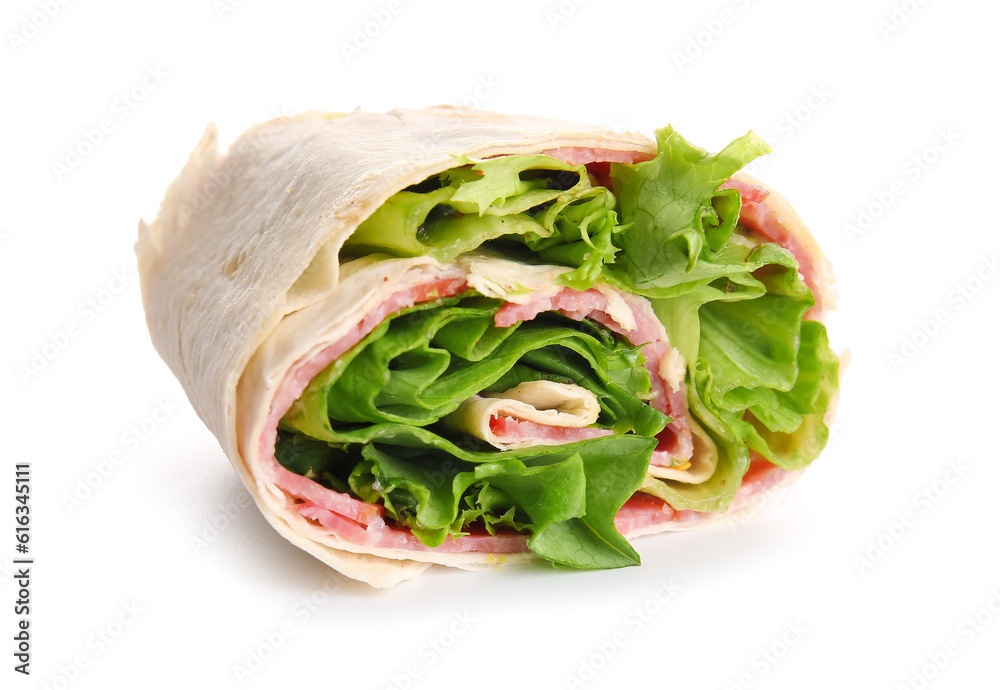 Tasty lavash roll with sausages and greens isolated on white background