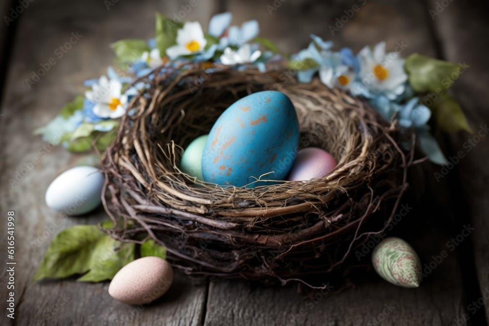 birds nest with eggs and flowers on a wooden table in a spring setting. Generative AI