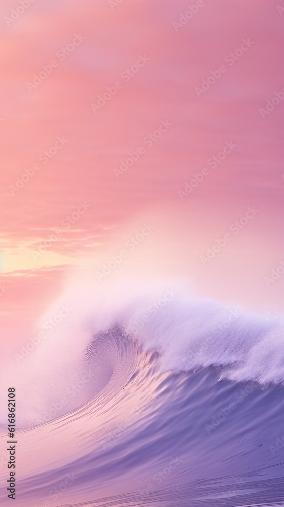A tranquil winter beach reveals a stunning pastel sky as a majestic wave crashes against the desert 