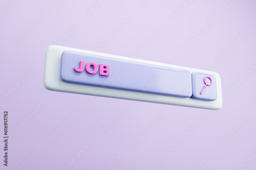 Creative digital search bar with magnifier on purple background. SEO and job search concept. 3D Rend