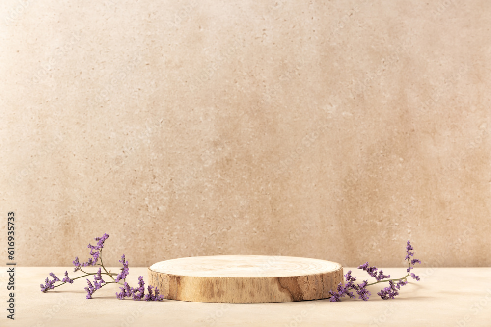 Wooden product display podium with purple flowers. 3D rendering