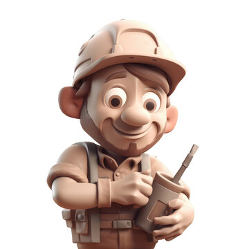 cute icon 3D Builder man or engineer standing in professional uniform, helmet and dungarees. Repair service, laborer  Cartoon minimal style on isolated transparent background png. Generative AI