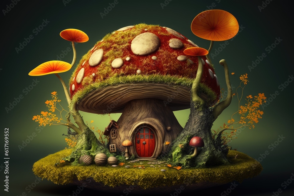 cozy mushroom house with a bright red door nestled in a forest. Generative AI