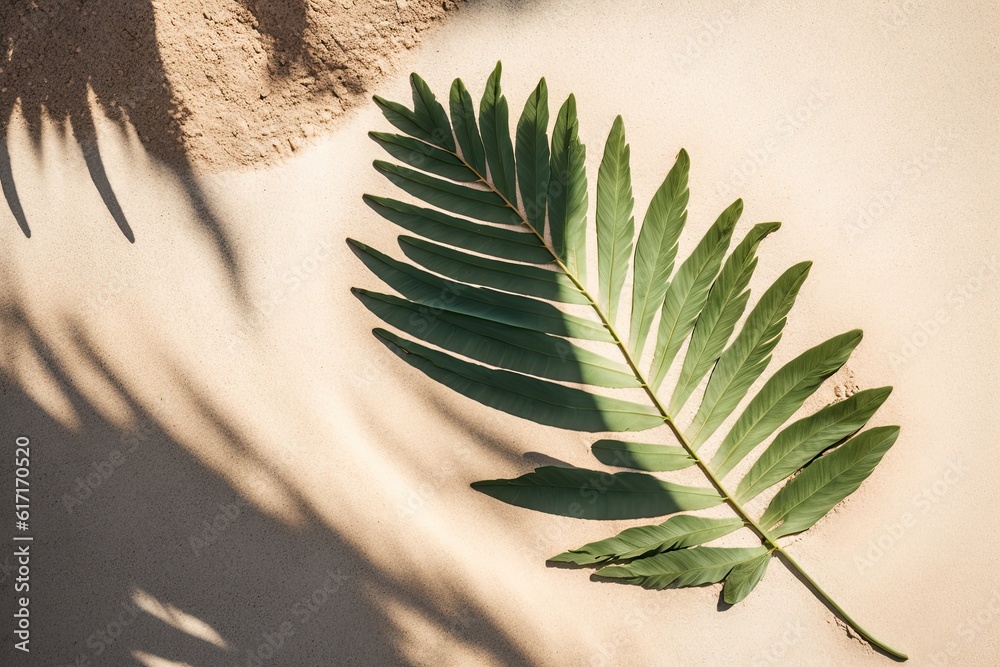 vibrant green leaf resting on a sandy beach, with ocean waves in the background. Generative AI