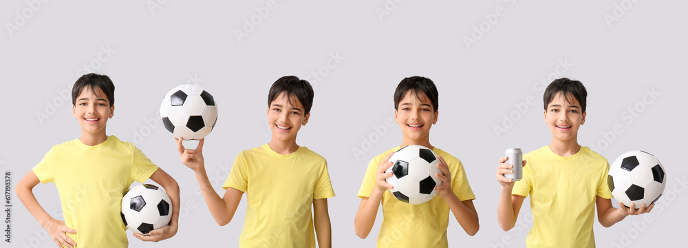 Little boy with soccer ball and soda on grey background