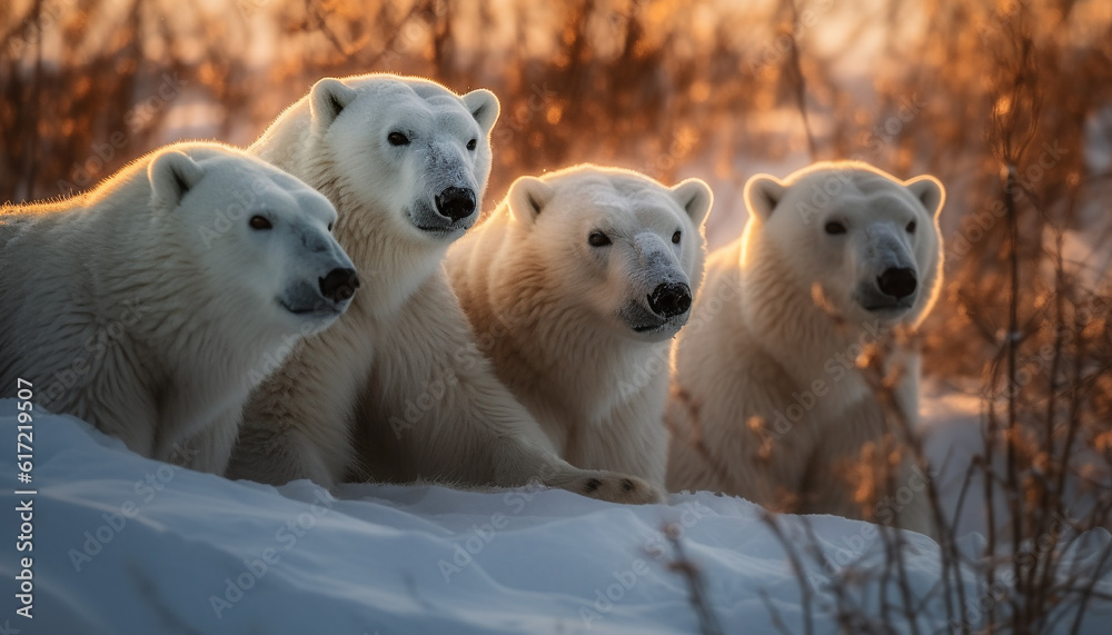Arctic animals play in snow, cute and fluffy friendship formed generated by AI