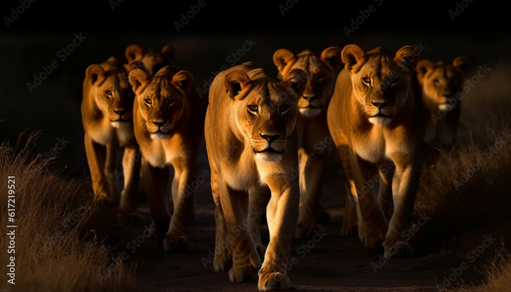 Majestic male and female lions walking in a row at dusk generated by AI