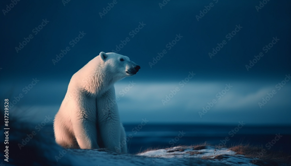 Majestic arctic mammal sitting on ice, looking at camera generated by AI