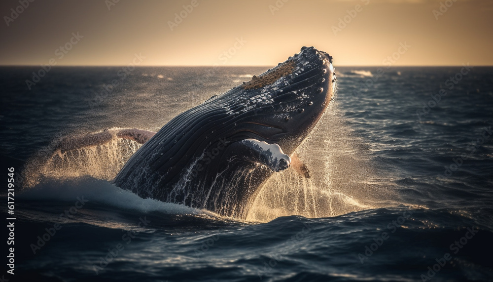Humpback whale splashing in blue sea, beauty in nature motion generated by AI