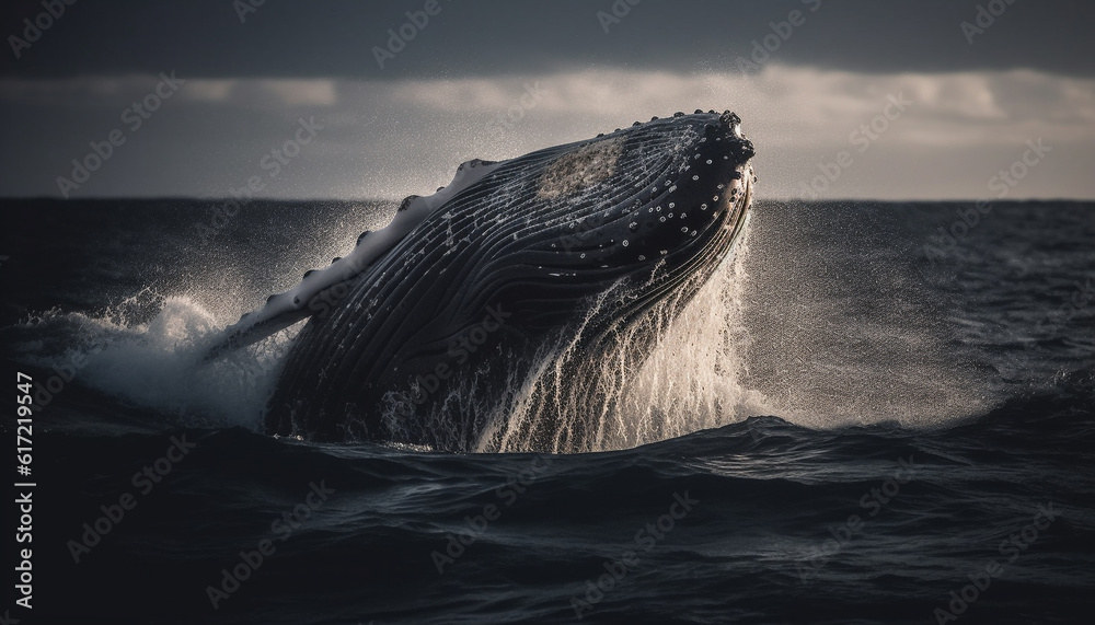 Majestic humpback whale splashing in blue sea, under sunset sky generated by AI