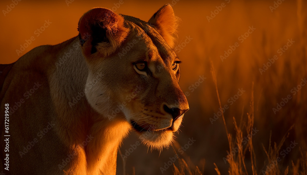 Majestic lioness in the savannah, fur glowing in sunrise sunlight generated by AI