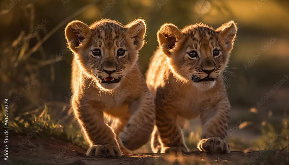 Young lion cub playing in the grass at sunset safari generated by AI