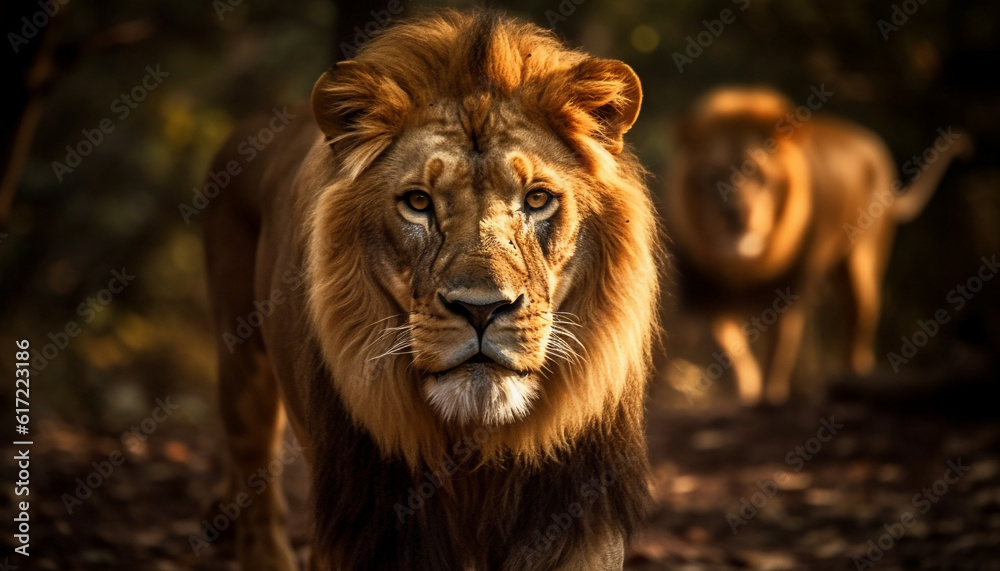 Majestic male lion walking in the African wilderness, staring ahead generated by AI