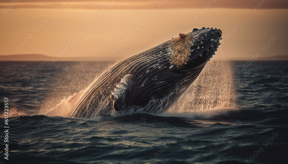 Majestic humpback whale breaches in the sunset, splashing in motion generated by AI