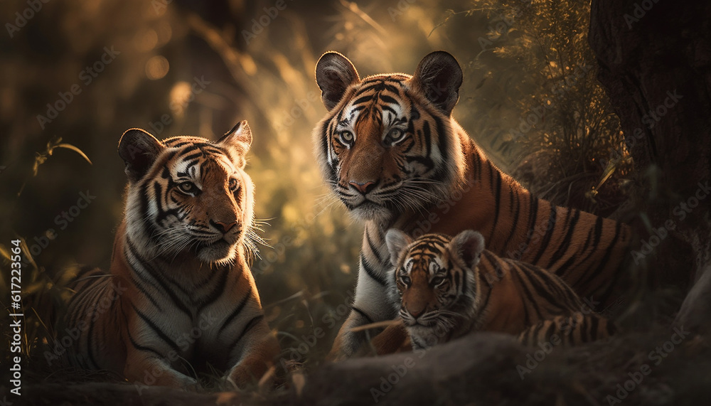 Bengal tiger cub staring at camera in grassy forest portrait generated by AI