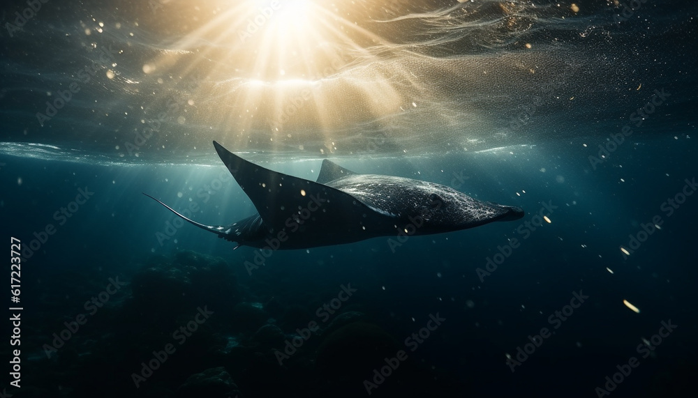 Majestic dolphin swimming in the deep blue underwater seascape generated by AI