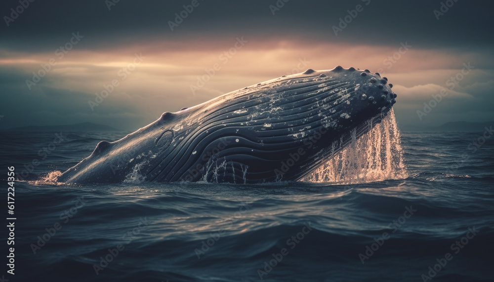 Majestic humpback whale breaches in the blue sea at sunset generated by AI
