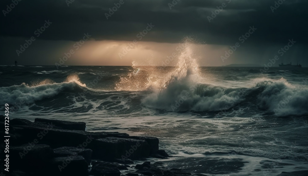 Dramatic sky over dark seascape, crashing waves on rocky coastline generated by AI