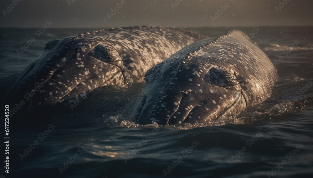 Majestic humpback whale swims in tranquil arctic waters at dusk generated by AI