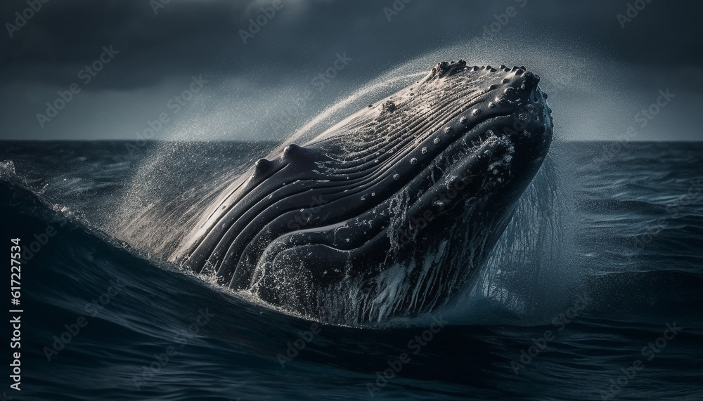 Majestic humpback whale breaching in the blue sea spray generated by AI