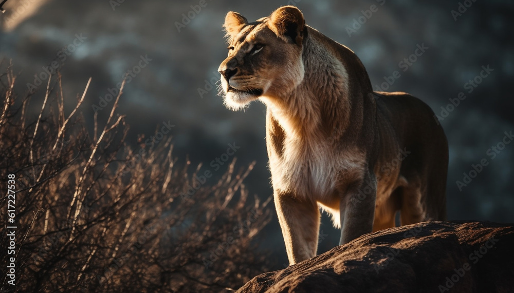Majestic male lion walking in the wilderness, alertness in his eyes generated by AI