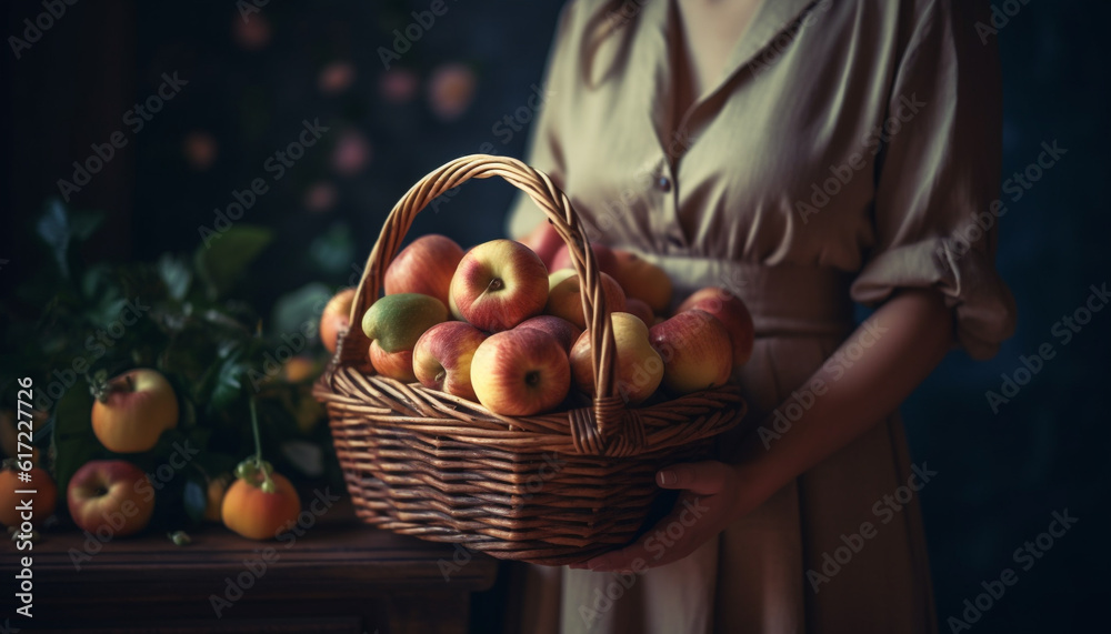 Fresh organic harvest women holding wicker basket of autumn fruit generated by AI