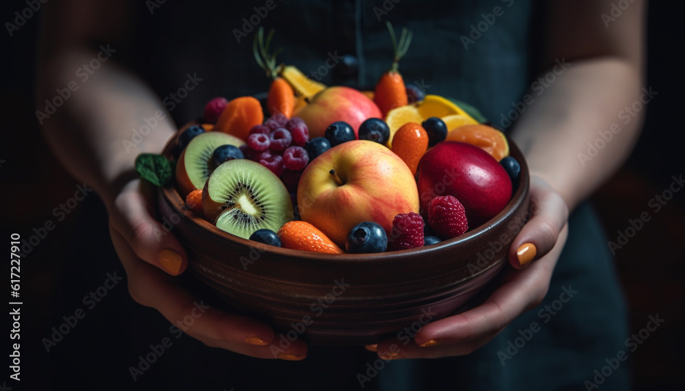 Hand holding bowl of fresh organic berry fruit for healthy eating generated by AI