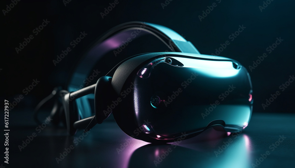 Futuristic eyeglasses enhance virtual reality experience in dark studio shot generated by AI