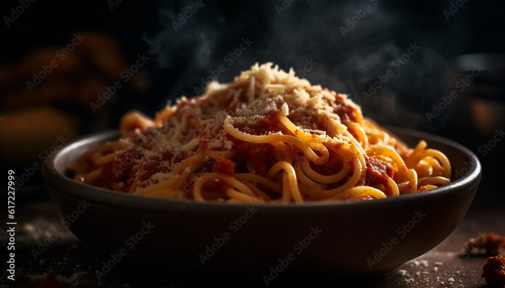 Healthy vegetarian bolognese pasta with parmesan cheese and onion generated by AI