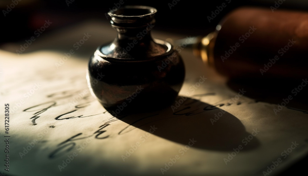 Antique quill pen on wooden table, inkwell and manuscript background generated by AI
