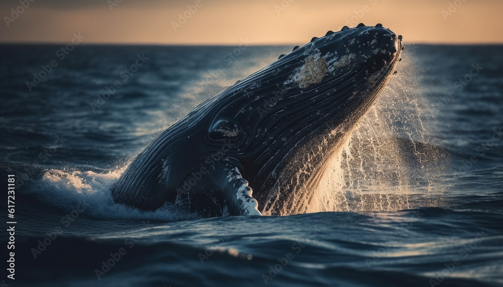 Majestic humpback whale breaches in the blue sea spray generated by AI