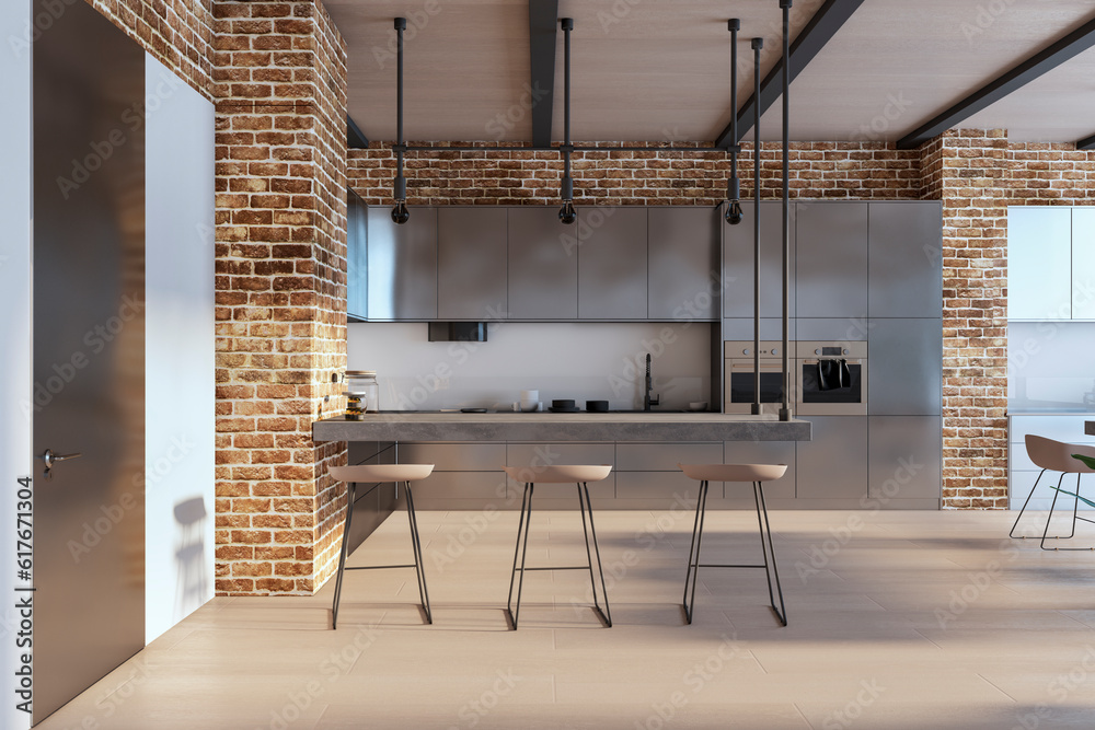 Luxury loft brick kitchen interior. 3D Rendering.