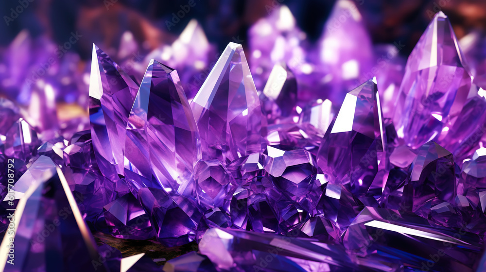Amazing bright and shiny Amethyst crystal cluster background. Jewel mineral detailed macro. Generati