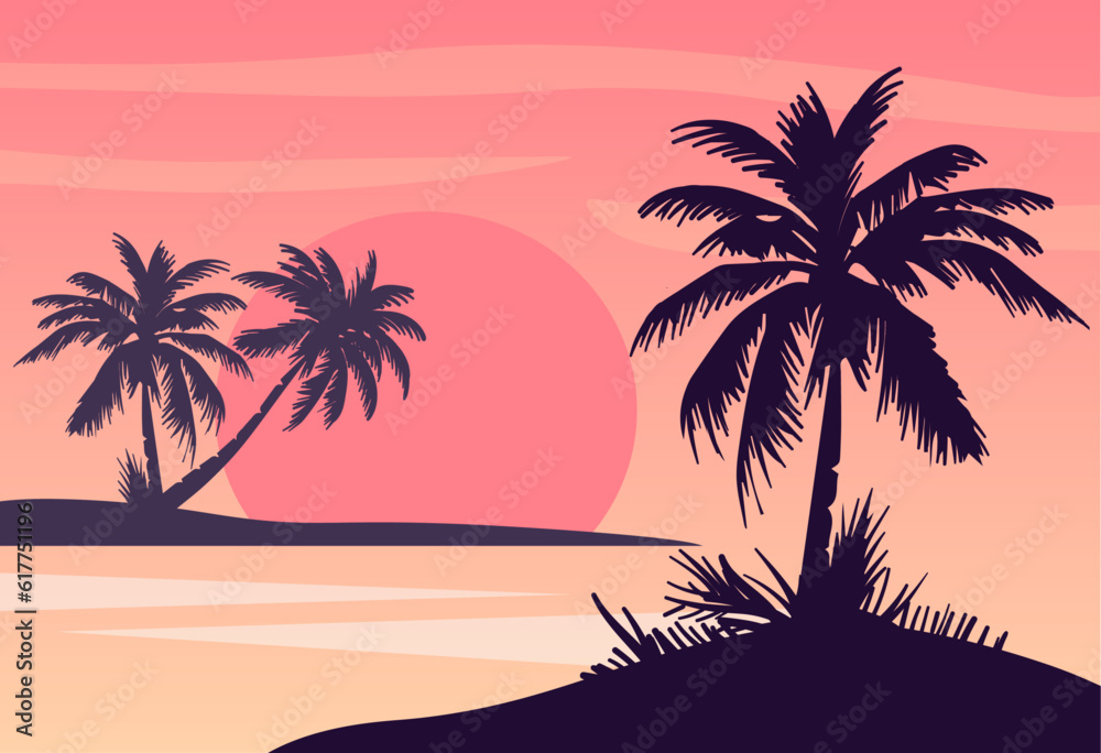 Cartoon flat panoramic landscape, sunset with the palms on colourful background. Vector illustration