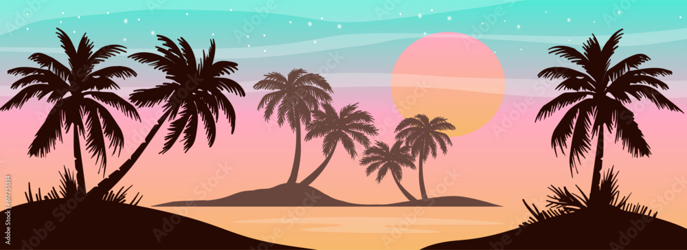 Cartoon flat panoramic landscape, sunset with the palms on colourful background. Vector illustration