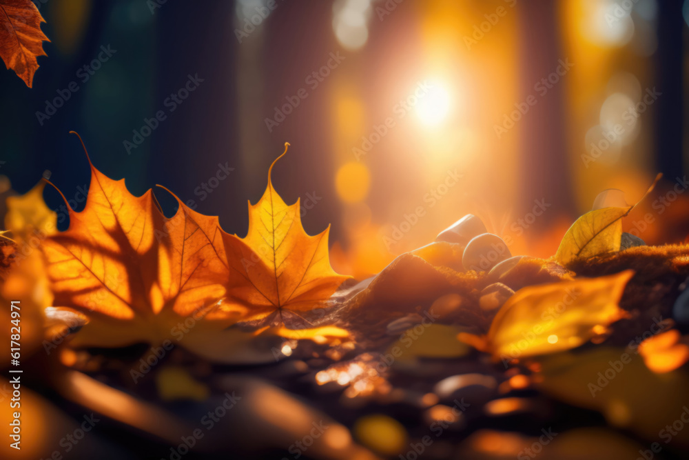 Beautiful orange autumn maple leaves close up in the forest with soft focus at sunset. AI generated.